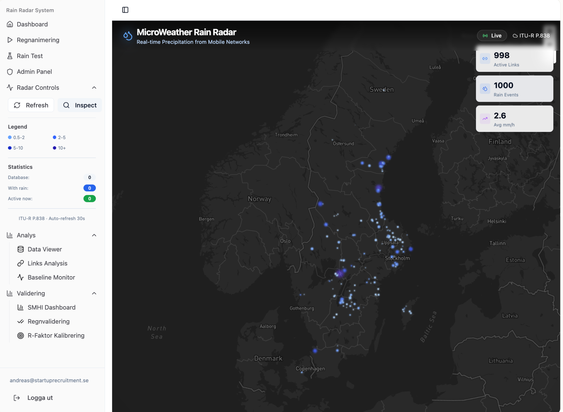 MicroWeather Rain Radar Dashboard showing real-time precipitation data
